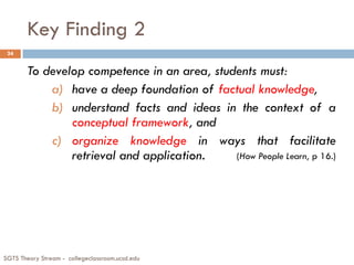 Key Finding 2
SGTS Theory Stream - collegeclassroom.ucsd.edu
24
To develop competence in an area, students must:
a) have a deep foundation of factual knowledge,
b) understand facts and ideas in the context of a
conceptual framework, and
c) organize knowledge in ways that facilitate
retrieval and application. (How People Learn, p 16.)
 