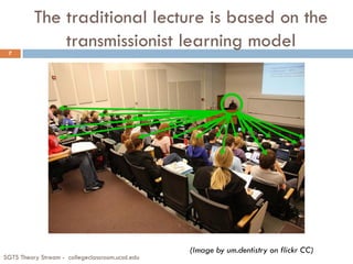 The traditional lecture is based on the
transmissionist learning model
SGTS Theory Stream - collegeclassroom.ucsd.edu
7
(Image by um.dentistry on flickr CC)
 