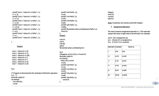 MCA DEPARTMENT | Operators& Expressions
C
2
printf("Line 1- Value of c is%dn", c );
c = a - b;
printf("Line 2- Value of c is%dn", c );
c = a * b;
printf("Line 3- Value of c is%dn", c );
c = a / b;
printf("Line 4- Value of c is%dn", c );
c = a % b;
printf("Line 5- Value of c is%dn", c );
c = a++;
printf("Line 6- Value of c is%dn", c );
c = a--;
printf("Line 7- Value of c is%dn", c );
}
Output:
Line 1 - Value of c is 31
Line 2 - Value of c is 11
Line 3 - Value of c is 210
Line 4 - Value of c is 2
Line 5 - Value of c is 1
Line 6 - Value of c is 21
Line 7 - Value of c is 22
Ex:2
/* Program to demonstrate the workingof arithmetic operators
in C. */
#include <stdio.h>
int main(){
int a=9,b=4,c;
c=a+b;
printf("a+b=%dn",c);
c=a-b;
printf("a-b=%dn",c);
c=a*b;
printf("a*b=%dn",c);
c=a/b;
printf("a/b=%dn",c);
c=a%b;
printf("Remainderwhena dividedbyb=%dn",c);
return 0;
}
Output:
a+b=13
a-b=5
a*b=36
a/b=2
Remainderwhena dividedby b=1
Ex:3
//Suppose a=5.0, b=2.0, c=5 and d=2
#include <stdio.h>
int main(){
float a=5.0, b=2.0;
c=a+b;
printf("a+b=%fn",c);
c=a-b;
printf("a-b=%fn",c);
c=a*b;
printf("a*b=%fn",c);
c=a/b;
printf("a/b=%fn",c);
return 0;
}
Output:
a+b=7.0
a-d=3.0
a/b=2.5
Note: % operator can onlybe used with integers.
2. AssignmentOperators
The most common assignmentoperator is =. This operator
assigns the value inright side to the leftside.For example:
var=5 //5 is assignedto var
a=c; //value of c is assignedto a
5=c; // Error! 5 is a constant.
Operator Example Same as
= a=b a=b
+= a+=b a=a+b
-= a-=b a=a-b
*= a*=b a=a*b
/= a/=b a=a/b
%= a%=b a=a%b
 