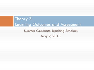 Summer Graduate Teaching Scholars
May 9, 2013
Theory 3:
Learning Outcomes and Assessment
 