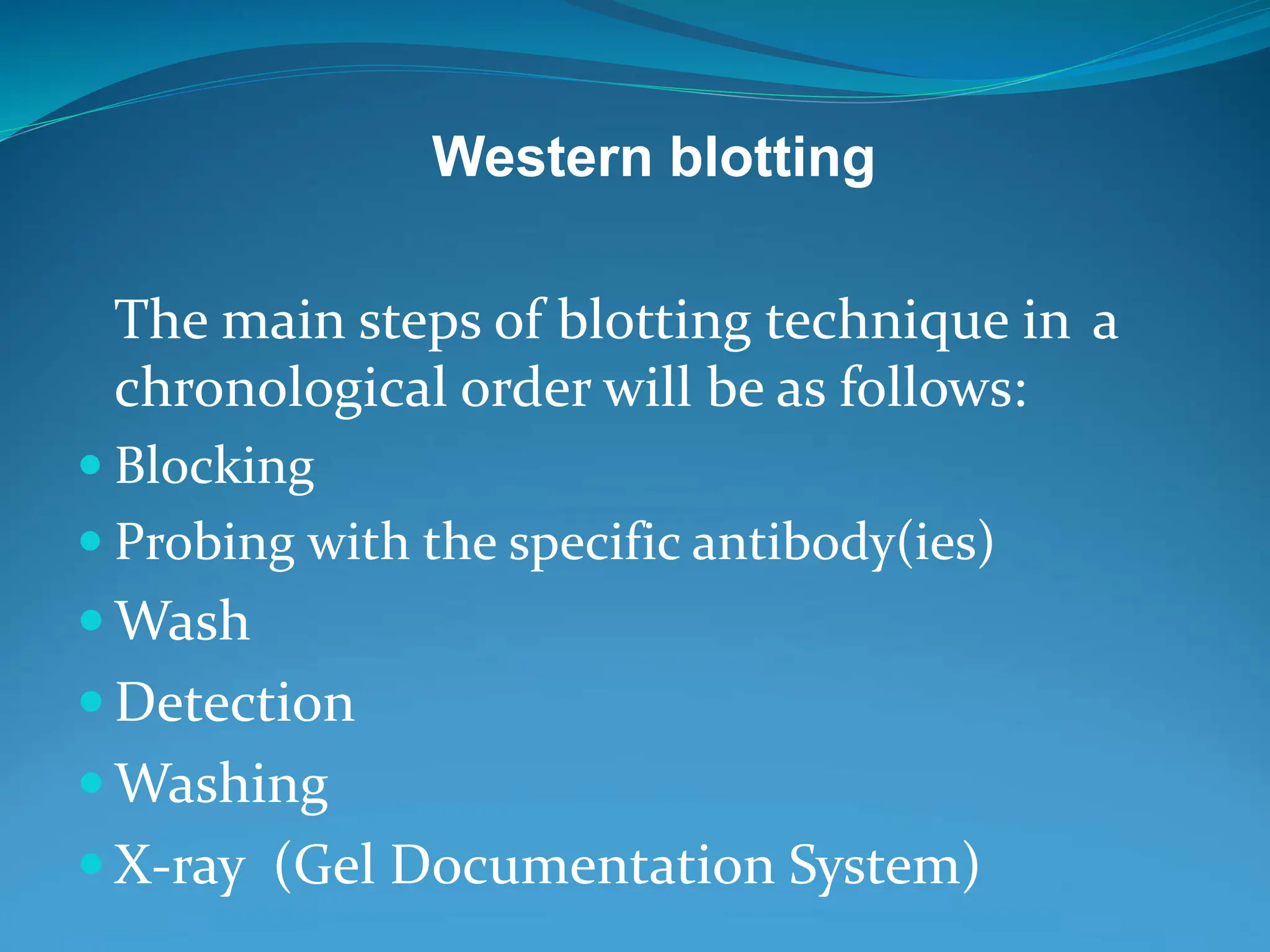 Western blotting
The main steps of blotting technique in a
chronological order will be as follows:
 Blocking
 Probing with the specific antibody(ies)
 Wash
 Detection
 Washing
 X-ray (Gel Documentation System)
 
