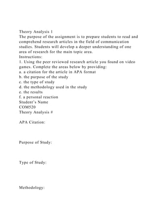 Theory Analysis 1
The purpose of the assignment is to prepare students to read and
comprehend research articles in the field of communication
studies. Students will develop a deeper understanding of one
area of research for the main topic area.
Instructions:
1. Using the peer reviewed research article you found on video
games. Complete the areas below by providing:
a. a citation for the article in APA format
b. the purpose of the study
c. the type of study
d. the methodology used in the study
e. the results
f. a personal reaction
Student’s Name
COM520
Theory Analysis #
APA Citation:
Purpose of Study:
Type of Study:
Methodology:
 