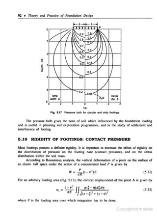 92

+

17~eory

and Practice of Foundation Desig11

0.05

Strip

COde

wid1h b

dia. b
6 3~--~2~--~
,----~
0~--~,~---±2----~3

rib
Ag. 5.17 Pressure bulb b

circular and s...., footings.

The pressure bulb gives the z.one of soil which influenced by the foundation loading
and is useful in planning soil exploration programmes. and in the study of settlement and
interference of footing.

5 .10 RIGIDITY OF FOOTINGS: CONTACT PRESSURE
Mos1 footings possess a definl!e rigidi<y. 11 is impor1llnl 10 estimalo !be effect of rigidi<y on

the distribution of pressure on the footing base (contact pressure), and on the stress
distribution wi<hin !he soil mass.
According to Boussinesq analysis, the vertical defonnation of a point on the surface of
an elastic half space under the action of a concennted load P is given by
p

2

W=-(1-v)E
trR

(5.31)

For an arbitrary loading area (Fig. 5.13), !be vertical displacernen< of !he point A is given by
(5.32)

where ·F is the loading area over which integration has 10 be done.

Copyrighted material

 