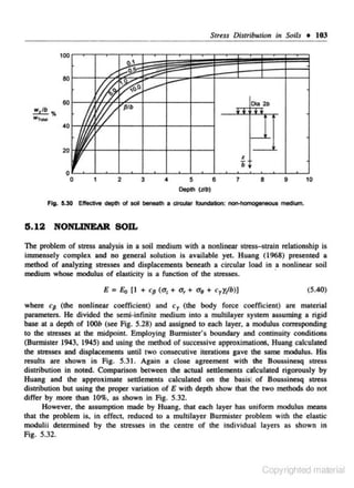 Stress Distribution in Soils + 103

Cia 2b

z

b
0

2

1

3

•

5

6

7

6

9

10

Oe(>UI (Zib)

Fig. S.30 Ef'fec:ltve depth ol soil beneath a circular foundadon: non-homogeneous medil.m.

5 . 12 NONLINEAR SOIL
The problem of s1ress analysis in a soil medium with a nonlinear stresS-stroin relationship is
immensely complex and no general solution is available yet. Huang (1968) presented a
method of analyzing stresses and displacements beneath a circular load in a nonlinear soil
medium whose modulus of elasticity is a function of the stresses.
·
E

= Eo (I

+ c6 (u, + u, + u 8 + c 7 yjb)J

(5.40)

where CJJ (the nonlinear coefficient) and c1 (the body force coefficient) are material
parameters. He divided the semi·infinite medium into a multilayer system assuming a rigid
base at a depth of IOOb (see Fig. 5.28) and assigned to each layer, a modulus corresponding
to the stres.ses at the midpOint. Employing Burmister's boundary and continuity conditions
(Bunnister 1943. 1945} and using the method of successive approximationS. Huang c.a lculated
tbe stresses and displacements until two consecutive iterations gave thd &arne modulus. His
results are shown in Fig. 5.31. Again a close agreement with the Boussinesq stres.s
distribution in noted. Comparison between the actual settlements calculated rigorously by
Huang and the approximate settlements calculated on the basis of Bous.sinesq stress
distribution but using the proper variation of E with depth show that the two methods do not
differ by more than 10%. as shown in Fig. 5.32.
However. the assumption made by Huang. that each layer has uniform modulus means
that the problem is, in effect, reduced to a multilayer Burmister problem with the elastic
modulii detennined by the stresses in the centre of the individual layers as shown in
Fig. 5.32.

Copyrighted material

 