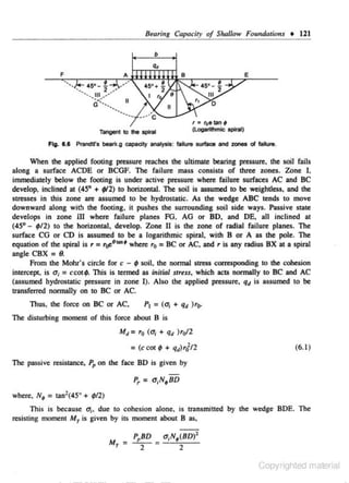 Bearing Capacity of Slwllow Foundotions • 121
b
F

E

r • r0 etanf
(Logalllhmlc spiral)

Fig. 8.6 PtandU's bearlt.g eapadty anatya.is: failure surface and zones of failure.

When the applied footing pressure reaches the ultimate bearing pressure. the soil fails
along a surface ACDE or BCGF. The failure mass consists of three zones. Zone 1,
immediately below the footing is under active pressure where failure surfaces AC and BC
develop. inclined at (45° + "2) to horizontal. The soil is assumed to be weightless, and the
stresses in this zone are assumed to be hydrostatic. As the wedge ABC tends to move
downward along wit:.'l the footing, it pushes the surrounding soil side ways. Passive state
develops in zone ill where failure planes FG. AO or BD, and DE, all inclined at
(45° - '12) to the horizontal, develop. Zone II is the zone of radial failure plane.<. The
surface CO or CD is assumed to be a logarithmic spiral, with B or A as the pole. The
equation or the spiral is r = r(/! 9 lllll' where r0 = BC or AC, and r is any radius BX at a spiral
angle CBX = 9.
From the Mohr's circle for c - ' soil, the normal stress corresponding to the collesion
intercep~ is a 1 = ccotf. This is tenned as initial stress, which acts normally to BC and AC
(assumed hydrostatic pressure in zone 1). Also the applied pressure, q4 is assumed to be
transferred nonnally on to BC or AC.
Thus, the force on BC or AC,
The disturbing moment of this force about B is
M 4 = r0 (a + qd )ro/2
1

= (c cot 9 + qd)rJ/2

(6.1)

The passive resistance. PP on the race BD is given by

,

where. N; = tan·(45° +

'12)

This is because a1• due to cohesion alone, is transmitted by the wedge BDE. The
resisting moment My is given by it~ moment about B as,

P, BD

2

a

a1N0 (8D)2
2
Copyrighted material

 