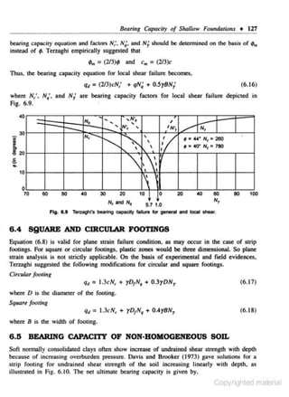 Staring Capacity of Shallow Foundntions • 127
bearing capacity equation and factors N; . N,j, and
instead of ; . Terzaghi empirically suggested lhat

NT shouJd be detennined on the basis of,..

; ., : (213)1 and c., = (2/3)c
Thus, lhe bearing capacity equation for local shear fail ure becomes,
q4 = (213)cN; + qNq + O
.SyBN;

where N,.'. Nq'• and
Fig. 6.9.

N are
Y

bearing c.apacity factors for local shear failure depicted in

40

' '

Nq

...

30

N, -.....

120

,N..

'

'
' '

I

N'

/

'N'r

~~


'

,'f




N,

.

-= ....•N,=260
• =..o· N,= 180

 ..~

10
0
70

(6.16)

~

60

!50

40

30

20

10

I

0
5.7 1.0

Fig. U

20

40

60

llO

100

Nr

Toaaglll's beaotng cac>adl)' falute tor geno<ll and local shear.

6 .4 SQUARE AND CIRCULAR FOOTINGS
Equation (6.8) is valid for plane strain failure condition. as may occur in the case of strip
footings. For square or circular footings. plastic zones would be three dimensional. So plane
strain analysis is not strictly applicable. On the basis of experimental and fteld evidences.
· Terzaghi suggested lhe following modifications for circular and square footings.
Circular footing
qd

= l.3cN, + yD1N, + 0.3yDN1

(6.17)

where D is the diameter of the footing.

Square footillg
qd

= l.JcN, + YDtN• + 0 .4yBN1

(6.18)

where B is lhe widlh of footing.

6 .5 BEARING CAPACI'IT OF NON-HOMOGENEOUS SOU.
Soft normally consolidated clays often show increase of undrained shear strenglh wilh deplh
because of increasing overburden pressure. Davis and Brooker (1973) gave solutions for a
strip footi ng for undrained shear strength of the soil increasing linearly with depth. as
illustnued in Fig. 6.10. The net ultim3te bearing capacity is given by.

Copyrighled material

 