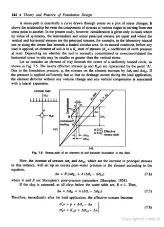 144 • TMory and Practiu of Foundation Design
A stress-path is essent.ially a curve drawn through points on a plot of stress changes. It
shows the relationship between the components of stresses at various stages in moving from one
stress point to another. In the present study, however. consideration is given only to cases where
by virtue of symmeli)'. the intermediate and minor principal stresses are equal and where the
vertical and horizontaJ stresses are the principal stresses, for example~ in the laboratory triaxial
test or along the centre Hne beneath a loaded circular area. In its natural condition, before any
load is applied, an element of soil is in a K. state of stresses (K0 = coefficient of earth pressure
at rest). Depending on whether the soil is normally consolidated or overc,onsolid.ated the
horizonlal stress in-situ may be smaller or greater than the vertical stress.
Let us consider an element of clay beneath the centre of a uniformly loaded clrcle. as
shown in Fig. 7 ..S. The in-situ effeetive stresses (p and K,p) are represented by the point ' A'.
Due to the foundation pressure, q, the stresses on the element increase by flu, and flo-.,. If
the pressure is applied sufficiently fast so that no drainage occurs during the load application,
the element deforms without any volume change and any vertical compression is associated
with a lateral expansion.

•u
A B Cl_ Efleetlve

A8

Qf stress-9ath

4a;;
Fig. 7.5 Sbeu-path of an element of soli beneath founc:taliOn In the fiekS.

Now, the increase of stresses Aa. and Aa111 • which are the increase in principal stresses
in this instance, will set up an excess pore-water pressure in the element according to the
equation,
bu = B [flo-At + A (flo-.- flo-.,)
(7.6)
where A and B are S kempton's pore-pressure parameters (Skempton, 1954).
If the clay is saturated, as all clays below the water table are, B = L Then,

bu = flo-At + A (flo;, - flo-.,)

(7.7)

Therefore, immediately after the load application, the effee.tive streSSes become:
o-;o = p + flo-.- flu
o-;o

= K0 p + flo-At - flu

}

(7.8)

Copyrighted material

 