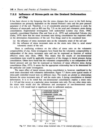 148 • Theory and Practice of Foundat;o,

7.2.2

Desig~t

In1luence of Stress-path on the Drained Deformation
of Clay

It has been shown in the foregoing that the stress changes thai occur in the field during
consolidation are primarily dependent on the drained Poisson's ratio and the pore pressure
parameter A of the soil. Therefore. it is of considerable practical significance to study the
influence of scress-path, such as BD (sec Fig. 7.5) on che axial and volumetric strain ·during
consolidation. Expcriment· J investigation with undisturbed London clay (Som. 1968).
a
normally consolidaced KaoliniiC (Das and Som e1 al., 1975) and undisturbed Calcuna clay
(Guha, 1979) show lhol lhe stress incrcmcnc mtio during consolidation has importanl effccc
on the deformation characteristks of the soil. Two things need to be considered here:
(a) the influence of stress incremenl mtio on lhe volumetric strain of the soil and
(b) the influence of stress increment ratio on the strain ratio (that is, axial strain/
volumetric Slnlin) of the soil.
There is conflicting evidence on the effect of s tress ratio on the volumetric
compressibility of clay. Some investigators have found that the volumetric compressibility is
independent of the stress increment ratio and can be expressed as function of vertical
effective stress only (Som. 1968). This means !hat !he results of one-dimensional
consolidation ccsts would be applicable irrespective of the changes in lateral pressure during
consolidation. Others hove found that the volumetric compressibility is not independent of the
lateral pressure and can be$1 be expressed as functions of mean effective stress during
consolidation (Dos, 1975). It seems chat the appropriate relationship has to be determined for
the particular soil under investigation.
The major effect of lateral stresses during consolidation is, however. manifested in the
axial strain associated with volumetric defonnation. Figure 7.7 shows some typical results of
stress-path controlled triaxial tests on different clays. The results are plotted as relationships
between the stress increment ratio. K' and the strain ratio, A during consolidation or drained
deformation. It is to be noted that one~dimensional consolidation implies a strain ratio,
A= L.O nnd that occurs at a pank,ular stress increment ratio only. For any other. stress ratio.
the strain ratio would also the difference and assumption of one...cJimensional strain
(i.e. £ 11£., :: 1.0) would lead to significant error in settlement analysis.
4.0

3.2

2.4
1.6

1 Undistu'bed Calcufta day
2 Sedimented bolinite



3 UndisiUrbed London clay
Observed



- - - - · Theoretical (""Isotropic
elastcity}

"z

~

0.8

"~
~
-

-.

0.0

0.4
0.8
0.8
1.0
K' = Aa'.,IIJ.a ' 1
Fig. 7.7 Strain ratio, .t versus stress increment ratio. K· for draln~~~~!iq'£Xf
0.0

0.2

material

 