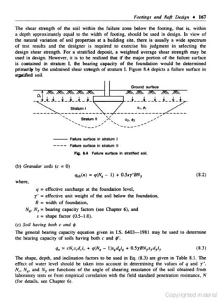 Footings and Raft Design • 167

The shear strength of the soil within the failure tone below the footing. that is. within
a depth approximately equal to the width of footing. should be used in design. In view of
the natural variation of soil properties at a building site. there is usually a wide spectrum
of test results and the designer is required to exercise his judgment in selecting the
design shear strength. For a stratified deposit. a weighted average shear strength may be
used in desi.g.n. However. it is to be realized that if the major portion of the failure surface
is coatained in stratum I , the bearing capacity of the foundation would be detennined
primariiJ by the undrained shear s..-ngth of stratum I. Figu"" 8.4 depicts a failure surface·in
stpotifi<:d soil.

- - - Failure sulflce In _,m I
- - - -

Fallure

surface In sntum u

Fig. lA Failure surface in stratified soil.

(b) Granular soils (c

= 0)
q•• (n) = q(N, - I ) + 0.5sy'BN1

(8.2)

where.
q ; effective surcharge at the foundation level,
r' = effective unit weight of the soil below the foundation.
8 = width of foundation,
N" N1 = bearing capacity factors (see Chapter 6). and
s = shape factor (0.5-1.0).
(c) Soil lrnvlng both c and ;

The general bearing capacity equation given in I.S. 6403-1981 may be used to determine
the bearing capacity of soils having both c and ;•.

(8.3)
The shape, depth. and inclination factors to be used in Eq. (8.3) are given in Table 8.1. The
effect of water level should be taken into account in determining the values of q and y '.
N(', N., and Nr are functions of the angle of shearing resistance of the soil obtained from
laboratory tests or from empirical c.orrelation with the field standard penetration resistance, N
(for details. sec Chapter 6).

Copyrighted material

 