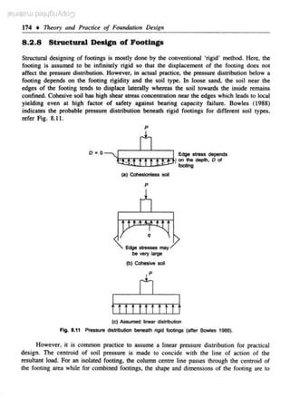 iC!J8CW P'JILJ6pAdO:::J
174 • Theory and Practice of Foundation Design

8 .2 .8

Structural Design of FootiDgs

Structural designing of footings is mostly done by the conventional 'rigid' method. Hen:. the
footing is assumed to be infinitely rigid so that the displacement of the footing does not
affec. che pressure distribution. However, in actual practice. the pressure distribution below a
t
footing depends on the footing rigidity and the soil type. In loose sand, the soil near the
edges of the fOOting tends to displace laterally whereas the soil towards the inside nemains
confined. Cohesive soU has high shear stress conc-entration near the edges which leads to local
yielding even at high factor of safety against bearing capacity failure. Bowles (1988)
indicates the probable pressure distribution beneath rigid footings for different soil types.
nefer Fig. 8.11.
p

D•O

W l ~~
QU t f f t~

~

Edge streas depends
dep1h, D of

(o) Cohetlonloss soli
p

Edge stresses may
be very large
(b) Cohesive sol

{c) Assumed linear distribulion

Fig. 8.11

Pressure distribution beneath rigid footings (after BalMes 1988).

However, it is common practice to assume a linear pressure distributjon for practical
design. The centroid of soil pressure is made to concide with cht l ine of action of the
resultant load. For an isolated footing. the column centne line passes through the centroid of
the footing area while ror combined footings. the shape and dimensions of the footing are to

 
