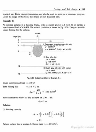 Footings and Raft Design • 183

practical use. Finite element fonnulation can also be used to work out a computer program.
Given the scope of this book. the details are not discussed here.
Example 8.1

An isolated column in a building frame. with a column grid of 3.5 m X 3.5 m carries a
superimposed load of 450 kN. The subsoil condition is shown in Fig. 8.20. Design a suitable
square footing for the column.
450kN

Depth (m)

0

Fl

1

1 Oesk:leated bt'Owr'!isl'l grey silty day

2

r=
c.,

18 kNim3

= 40 k~; Ccl(1 + So)

4

=0.05

II Grey silty day

r = 18 kNfm'
c., = 25 kNffnZ
C,/(1 • sol = 0.16

12--------------------------------- kankar
Ill 8tul$h
silty
with
grey

day

r• 19 kNtm'
c., = 60 kNfml; CcJ(1 • So} = 0 .10

16

Fig. 8.20 Subsoil condition for Example 8.1.

Given superimposed load = 450 kN
Take footing size

=2 m x 2 m
450
2
q..,=2 x2 = 112.5 kN/m

Place foundation below fill and at depth of G.W.T. i.e.

v,= 2m
Solution
(a) Bearing capociry

N,

= 5(t + 0.2

~)(1 + 0.2 ~)

= 7.2
Failure surface lies in Slnllum I. Hence, take c, = 40 kN/m2.

Copyrighted material

 