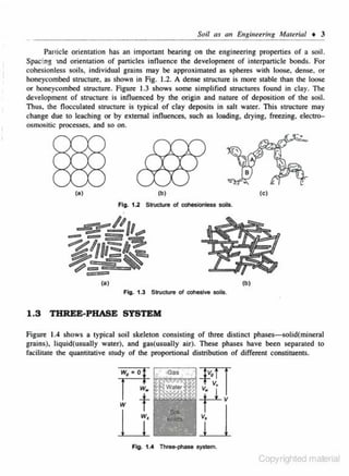Soil as 011 E.11ginetri11g Maten'al • 3

Particle orientation has an imponant bearing on the engineering properties of a soil.
Spacing 1nd orientation of panicles influence the development of interparticle bonds. For
cohes.ionless soils. individual grains may be approximated as spheres with loose. dense, or
honeycombed structure, as shown in Fig. 1.2. A dense structure is more stable than the loose
or honeycombed structure. Figure l.3 shows some simplified structures found in clay. The
development of structure is influenced by the origin and nature of deposition of the soil.
Thus. the flocculated structure is typical of clay deposits in salt water. This structure may
change due to leac.hing or by external influences. auch as loading, drying. freezing. electroosmositic processes. and so on.

(a)

(c)

(b)

Fig. 1.2 S bwture of c:oheslonle$$ soits.

(a)

(b)

Fig. 1.3 Structure of

eohesl~

SOilS.

1.3 THREE-PHASE SYSTEM
Figure L4 shows a typical soil skeleton consisting of three distinct phases-solid(mineral
grains). liquid(usually water). and gas(usually air). These phases have been separated to
facilitate the quantitative study of the proportional distribution of different constituents.

Fig, 1.4

Thre&1)t'lase system,.

Copyrighted material

 