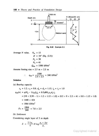 188 • Theory and Practice of Foundation Design
1SOO kN

N {Biow>/30 em)

Depth (m)

o--------~ ~~~----~~~~r;

18kNim3

2 --¥,.-,,..-----,

,. . ."'
.

I

-

i

-5m

Fig. 8.22 Example 8.3.

Nu., = 15

Average N value,

f =

34° (Eq. (2.5))

N, = 30
N1 = 41

Q... = 1500 lcN/m2

Assume footing size = 2.5 m • 2.5 m

.

qftll!f.=

"

1500
_ • _ = 240 kN/m'
2 5 25

Solution
(a) Bearing capaciry

•• = 1.2; s, =0.8; dq =d, = 1.15; ;, = ;, = 1.0

q,.(n) = q(N, - l)sqd,i, + 0 .5yBN1s1 d1 i1

= (J8

K

2(30- I)

K

1.2

K

1.15

K

1.0) + (0.5

X

9

X

2.5

X

41

X

0,8

X

1.15

X

1.0)

= 1440 + 424
2
= 1864 kN/m

Fs =

1864
= 7.8 > 2.5
240

(b) Settlement

Considering single layer of 5 m depth

S

=

2

·~·

fl log Pn + l!.p

Po

Copyrighted material

 