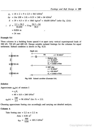 Footings ami Rafi Design • 189

p. = 18
l!.p

E

X

2 + 9

X

2.5 = 58.5 kN/m2

= (for 718 = 1.0) = 0.35 x 240 = 84 kN/m2
= 39 + 4.5 x IS = 1065 kg/cm 2 = 10,650 kN/m2 (refer Eq. (2.6))

6 =

2.3 X 58.5
I 58.5 + 84
x 5 og
58.5
10,650

=0 .024 m
= 24 mm
EXample 8.4
Three columns in a building frame spaced 4 m apart carry vertical superimposed loads of
500 kN, 720 kN and 600 kN. Design suitable isolated footings for the columns for equal
settlement. Subsoil condition is shown in Fig. 8.23.
Depth (m)

o --------~RI
~-------,-.~t77
s k~Nhn~,------

-• - ~----------------------I Medium day
r• 18 kNim,
c;. = 40 kNhn'

m~ = 0.0005 m'lkN

-s----------~-----------11 SUff Clay
r=

19 kNim1

c;.. 90 """"'
0.0003 m21kN

-1
0----------=....::;=:.:.::..=-----m.. •

Fig. 8.23 Subsoil condition (&ample 8. .4).

Solution
Approximate q.,,(n) of slr.ltum I

= cll/Nt:
= 40 X 6.0 = 240 kN/m2
qo~,(n)

.
= 240
25

,

= 96 kN/m- (for Fs = 2.5)

Choosing approximate fOOting size accordingly and carrying out detailed analysis.
Column A
Take footing size = 2.2 m x 2.2 m
Area

= 4.84

m2

500
2
q..,. = = 103.3 kN/m
4. 84

Copyrighted material

 