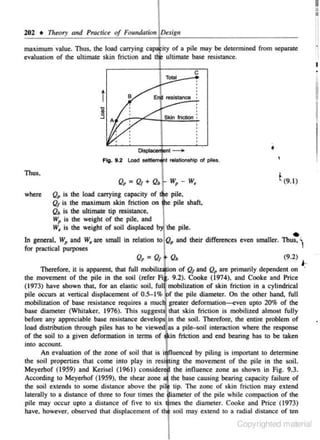 II
!!

"
202 • TJreory and Pracn'ce of Fomula1itm Design

maximum value. Thus. the load c.arrying cap ily of a pile may be determined from separate
evaluation of the ultimale skin friction and t ultimate base resistance.

o1

I

I
Tolal

c

t

Oispl~nt --+
Fig. 9.2 Load settl
t relalionshlp ol plies.

Thus.
where

•
'

wp- w,
Q• is the load carrying capacity of

a, is the maximum skin friction on

pile.
e pile shaft,

Q. is the ultimate tip resistance,

WP is the weight of the pile. and

W, is the weight of soil displaced b 'the pile.

•

In general. w. and W, are small in relation to QP and their differences even smaller. Thus.l
for practical purposes
Q, = Q Q.
,
(9.2) ~Therefore. it is apparent, that full mobili 'on of Q1 and QP are primruily dependent on •
the movement of the pile in the soil (refer Fi . 9.2). Cooke (1974), and Cooke and Price
(1973) have shown that. for an clastic soil, ful mobilization of skin friction in a cylindrical
pile occurs at vertical displacement of O.S-1% of the pile diameter. On the other hand, full
mobilization of base resistance requires a muc greater ddormation-even upto 20% of the
base diameter (Whitaker. 1976). This suggcs that skin friction is mobilized almost fully
before any appreciable base resistan<-e develo in the soil. Therefore, the entire problem of
load distribution through piles has to be 'iew as a pi~e-soil interaction where the response
of the soil to a given deformation in terms of 'n friction and end bearing has to be taken
into account.
An evaluation of the zone of soil that is i nuenccd by piling is important to detcnnine
the soil propenics that come into play in resi ting the movement of the pile in the soil.
Meyerhof (1959) and Kerise1 (1961) consider+ the influence zone as shown in Fig. 9.3.
According to Meyerhof (1959), the shear zone~ the base causing beruing capacity failure of
the soil e"tends to !Qme distance above the
tip. The zone of skjn friction may extend
laterally to a distance of three to fou r times the iameter of the pile while compaction of lhe
pile m11y occur upto a distance of five to six mes the diameter. Cooke and Price (1973)
have. however, observed that displacement of
soil may extend to a radial distance of ten

pili
thl

Copyrighted material

 