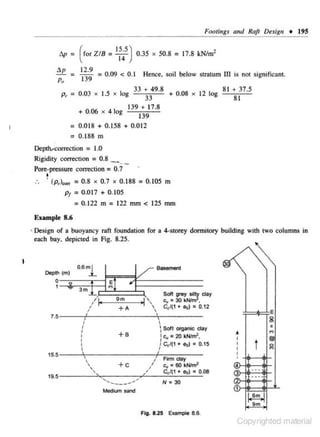 Footings and Raft Design • 195

~~~5 )

1!.!> = ( ror Z IB =
6p

-=
p.,

1
;;
1

0.35 x 50.8 = 17.8 kN/m2

= 0.09 < 0. 1

Hen<:e. soil below stratum III is not significant.

33 + 49.8
81 + 37 .5
+ 0.08 x 12 log
33
81
139 + 17.8
+ 006 x 4 1
·
og
139

p, : 0 ,03

X

1•5

X

1Og

= O.Ql8 + 0.158 + 0.012
= 0 .188 m
Deptlvcorrection = 1.0
Rigidity correction = 0.8 _
Pore· pressure correction = 0. 7
I

• (p,),.. = 0.8 X 0.7 X 0. 188 = 0.105 m
Pi = 0.017 + 0.105
=0.122 m = 122 mm < 125 mm

E><amp1e 8.6
, Design of a buoyancy raft foundation for a 4-storey donnitory building with two columns in

each bay, depicted in Fig. 8.25.
I
Depth (m)

0
1

-

0.6ml

Basement
E
..,

3m
I

~

9m

/ I•

•I ',

+A

I

.

Cc/(1 + flo) ' 0 .12



I
I
I

8

 Soft organic clay
I c., = 20 k:Nirnl
I
•
J ~/(1 + o0) = 0.15

+B

I
I
I


I

15.5




E

'

7.5

19.5

Soft ore~ day

c_,• 30

'' '

I

+c

'

....

_____ .

I
I

'

I

I

Firm Cf3y

c, = 60 kNtm'

•
I
I
I
I

•
..,

t

@

g

'
4

C,/(1 . . ., • 0.08
N = 30
1

Mediurn sand

~
m

Fig. 8.25 Example 8.6.

Copyrighted material

 