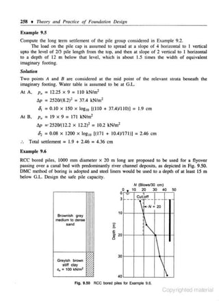 258 • Theory nnd Practice of Foundaticll Design
Example 9.5
Compute the long tenn ~ulement of the pile group considered in Example 9.2.
The load on the pile c-ap is assumed to spread at a slope of 4 horizontal to I vertical
upto the level of 213 pile length from the top. and then at slope of 2 vertical to 1 horizontal
to a depth of 12 m below that level, which is about 1.5 times the width of equivalent

imaginary footing.
Solution
Two points A and 8 arc considered at the mid point of the relevant strata beneath the
imaginary footing. Water table is assumed to be at G.L.

At A.

Po = 12.25 x 9 = 110 kNim1
fl.p

At B,

= 25201(8.2)2 = 37.4 kN/m2

6, = 0.10 x 150 x logto [(110 + 37.4)1110)] = 1.9 em
Po = 19 x 9 = 171 kNim2
tJ.p =' 25201(12.2

62 =

X

12.2)2 = 10.2 kN/m2

x 1200 x lo&to [(171 + 10.4)1171)] = 2.46 em
:. Total settlement = 1.9 + 2.46 = 4.36 em
0.08

Example 9.6
RCC bored piles, 1000 mm diameter x 20 m long are proposed to be used for a flyover
passing over a canal bed with predominantly river channel deposits, as depicted in Fig. 9.50.
OMC method of boring is adopted and steel liners would be u~d to a depth of at least 15 m
below G.L. Design the safe pile capacity.
N (BiowS/30 em)

0
0

3

•
-

10

--

20

30

40

- :'off-- -,

~

Cut

~N

= 20

10

Brownl$h
medium 10
sand

£

2'

20



0

30

Greyish brown

stiff clay
c., • 100 k.Nim2
40


I

Fig. 9.50 RCC bored plies for Example 9.6.

Copyrighted material

 
