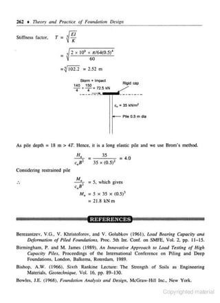 262 + 111eory and Practice of Foundation De. ign
s

·~
St1uness f actor,

T --

-

.{El
K!
K

~

l

2

X

106

-

4

;r/64(0.5)
60

X

= ~ 102.2 = 2.52 m
Slorm • Impact
140

4

Rigid cap

150

4 =n.skN
---- ~
-"""'!'~------- +

c;,

= 35 ltN!m2
Pile 0.5 m dia

As pile deplh

= 18 m > 4T. Hence, it
!:!,__ =
c,B'

is a long elastic pile and we use Brom's method.

35
= 4.0
35 x (0.5)2

Considering restrained pile

..
-

M,
C11 8 3

= 5, which

M. = 5

X

35

X

gives
(O.S)'

= 21.8 kNm

Berczantzev. V.G.. V. Khristoforov. and V. Golubkov (1961 ). Load Bearing Capacily and
Deformation of Piled Fou11dations, Proc. Slh Int. Conf. on SMFE, Vol. 2, pp. 11- 15.
Birmingham, P. and M. James (1989), An Innovative Approach to Load Testing of Higlr
Capacily Piles, Proceedings of the International Conference on Piling and Deep
Foundations, London, Balkema, Roterdam, 1989.
Bishop. A.W. (I 966). Sixth Rankine Lecture: The Suength of Soils as Engineering
Materials, Georec/mique, Vol. 16, pp. 89-1 30.
Bowles, J.E. (1968), Formdcaio" Jbialysis and Design, McGrnw-Hill [nc., New York.

Copyrighted material

 