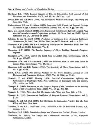 264 • Theory and Practice of Foundation Design

Nordlund, R.L. ( 1969). Bearing Capacity of Piles in Cohesionless Soil, Journal of Soil
Mechanics and Foundation, ASCE. Vol. S9, No. SM3, pp. 1-35.
Poulos, H.G. and E.H. Davis (1980), Pile Foundatior1.1 Analysis and Design, John Wiley and
Sons. New Yorlc.
Radhakrishnan, H.S . and 1.1. Adams (1973), Long-term Uplift Capacity of Augured Footings
in Fissured Clays, Canadian Geottchnical Journal, Vol. 10, No. 4, pp. 647-652.
Rees, L.C. and H. Matlock ( 1956), Non-dimensional Solutions for Laterally Loaded Pil.s
with Soil Modulus AJsumed Proportional to Depth, Sib Texa.< Conf. on SMFE, Special
Publication No. 29, University of Texas. '
Schultze, E. and G. Sherif (I 973), Prediction of Selll•ment from Evaluated Selllement
Observatwns for Sand, Proc. Sib Int. Conf. on SMFE, Moscow, Vol. I, p. 225.
Sltempton, A.W. (194S), The f 2 ·o Analysis of Stability and its Theoretical Basi.r, Proc. 2nd ·
Int. Conf. on SMFE. Rotterdam, Vol. 2.
Skempton, A.W. (195 1), The Bearing Capacity of Clays, Building Research Congress,
England.
Sltempton, A.W. (1959), Cast in-situ Bored Piles in London Clay, Geotechniqu•, Vol. 9,
No. 4, pp. I 53-173.
Skempton, A.W. and P. La Rochelle (1955), The Bradwell Ship: A shon term failure: in
London Clay, Geotechnique, Vol. 15, No. 3.
Skempton, A.W. and R.D. Nonliey (1952), The Sensitivity of Clays, Geotechnique, Vol. 3.
No. I , pp. 40-5 I.
Smith, E.A.L. (1960), Pile Driving Analysis by the Wave Equation, Journal on Soil
Mechanics and Foundation Division, ASCE, Vol. 86, SM4: pp. 35-61.
Sliwinski, Z. and W.G.K. A eming ( 1974), Practical Consideratio11s Affecting the
Performance of Diaphragm Walls, Proc. Conference on diaphragm walls and anchors,
ICE. London, pp. 1-10.
Tenaghi, K. ( 1942), Discussion on the Progress Repon of rite Committee on the Beanirg
Value of Pile Foundations, Proc. ASCE, Vol. 68: pp. 311-323.
Terz.agbi, K. (1943). Theoretical Soil Mechanics, John Wiley and Sons Lid., p. 510.
Terz.agbi, K. (1955), Evaluation of Coefficient of Subgrade Reaction, Geotechnique, Vol. 5:
p. 297.
Terz.aghi, K. and R.B. Peck (1967), Soil Mechanics in Enginuring Practice, 2nd ed., John
Wiley and Sons, New York.
Thorburn, S. and R.S.L. Mac Vicar ( 1970), Dis.:ussion, Conf. on Behaviour of Piles, ICE,
London, p. 54.
Tomlinson, M.J. (1965), Foundation Design and Construction, 2nd ed., Pitman, London.
Tomlinson, MJ. (1977), Pile Design and Construction Practices, lst ed., Viewpoint
Publications, London.

Copyrighted material

 