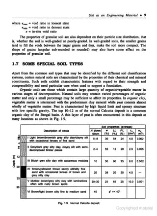 Soil as an Engineering MateriDI • 9
where emu = void ratio in loosest stale
emiD = void ratio in densest state
e = in-situ void ratio

The properties of granular soil an: also dependent on their particle size distribution, that
is, whether the soil is well-graded or poorly-graded. In well-~ soils, the smaller grains
~ to fill the void$ between the larger grains and thus, malte the soil more compact. The
shape of grains (angular sub-rounded or rounded) may also have some effect on the
propenies of granular soil.

1.7 SOliE SPECIAL

son.

TYPES

Apart from the common soil types that may be identified by the different soil classification
sY1(ems, cenain natum soils are characterized by the properties of their chemical and mineral
constituents. Such soils exhibit characteristic features with regard to their streJigth and
compressibility and need particular care when used to support a foundation.
Or1anic soilJ are those which contain large quantity of organic/vegetable matter in
various stages of decomposition. Natural soils may contain varied percentages of organic
matter and only a small percentage may be sufficient to affect its properties. In organic clay,
vegetable matter is intermixed with the predominant clay mineral while P<Qr consists almost
wholly of vegetable matter. Peat is characterized by high liquid limit and sponzy mucture
with low specific gravity. The top 10-12 m of the normal Calcutta deposit is a common
organic clay of the Bengal basin. A thin layer of peat is often encountered in this depoait at
many locations as shown in Fig. 1.9.

Dosa1ption ol strata

II Glwy/doltl -

silty day, ~ lilt -

semi·

2...

55

12

28

2.5

0.005

lilly day will calcareous

..-..s

10

30

60

25

8.0

0.002

20

38

20

30

4.5

~

25

65

25

10.0

~-pieooa

Ill Bluilll -

IV -.ysllowioh brown sandy slltlallty tine
sand with OCCISk»naa tenses of brQ'M'I and
grey silty day
V Moltled - - silly etay wl1h lomlnallono

-

0.001

wi1h rusty brown spots

VI Brown.1igllt brown lilly 11M lo medium sand

' >> 4(Y

Fig. 1.8 Notmal Colc:ulla ~

Copyrighted material

 
