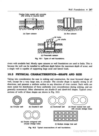 WeU Foundations • 267
Dredge holes sealed ..wth concr&te
after sinking

to required

<lepth

m ---,..,.-.:==
---··

=-- --J

----·------ . .
•·•

. . ..
...•.·•.............., .,,.....•..•.....

{·;~~~=-~
(a) Open caisson

..

~;:<:r.

'·'.•'- f .•
.. :.

,....;. : •·~

(b) Box caisson

Fig. 10.1 ~ o1 well

-ticns.

rivers with erodable bed. Mostly open caissons or well foundations are used in India. This is
because the well can be installed to sufficient depth below the maximum depth of scour, and
a single well is capable of supporting large axial and lateral loads.

10.3 PHYSICAL CHARACTERISTICS SHAPE AND SIZE
Taking into consideration the ease in sinking and construction, the most favoured shape of
well, except for a very large size, is circular. The circuJar shape is equally strong in aJI
directions, and presents a uniform surface to any direction of river current. Such wells are
more suited for distribution of force uniformly over circumference during sinking, and are
generally economical. Other alternatives are double-D and dumb-bell shapes. Typical cross·
sections of wells of these shapes are shown in Fig. 10.2.

(a) Circular well

(e) I>Jmb-bell -

~

00
(t) Double octagonal with
c:ircula.r dredge hotes

Ag. 10.2 Typical

(d) B«lad ned<ed twm welt
-;th circular dredge holes

(f) Mu111ple dredge hole well
~etions of

welt foundations.

Copyrighted material

 