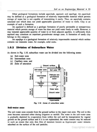 Soli as an Eugiuttrlng Mnttriol • II
Other geological form.ations include aquiclude, aquitard. and aquifuge. An aquiclude
may be defined as a geological format.ion of relatively impermeable material which permiiS
storage of water but is not capable of transmitting it easily. Thus. an aquiclude contains.
saturated soil which does not yield appreciable quantities of water to wells. Clay is an
example of such a formation.
An aquitard is defined as a geologic formation of poorly permeable or semipervious
materiaJ which permits storage of water but does not yield water freely to wells. However, it
may transmit appreciable quantity of water to or from adjacent aquifers. A sufficiently thick
aquitard may constitute an imponant groundwater storage zone. A formation of sandy clay
belongs to this category.
An aquifuge is a geological formation of relatively impermeable material which neither
contains nor transmits water, for exampJe, solid rocks.

1.8.2 Di'rialon of Subeurface Water
As shown in Fig. 1.10, subsurface water can be divided into the following zones:
(a)
(b)
(c)
(d)

Soil-water zone
Intermediate zone
Capillary zone, and
Zone of saturation

!

Ground aurfaca o

~- """'

ln~a1e
zone
!

Cooilary
zone
f

I'

Soil water
Pellicular and
grv....tional
water
cap111ary
wale<

Wolef

.:le

1-

Ground water

1lmpermeoble
FJg. 1.10 Zones of subsutface water.

Soil-water zone
The soil- water zone extends from the ground surface to the major root zone. The soil in this
zone becomeS saturated either during irrigation or rainfall. The water in the soil- water zone
is gradually depleted by evaporation from within the soil and by transpiration by vegetal
growth on the ground surface and if it is not R:plenished. the water content may be reduced
to such an extent that only thin fi1m of moisture known as hygroscopic warer remains
adsorbed on the surface of the soil particles.

Copyrighted material

 