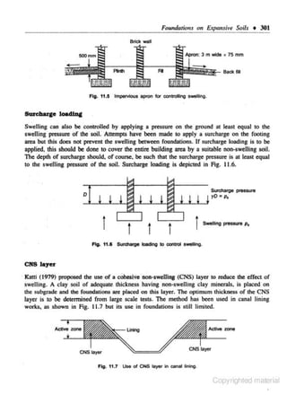 Foundations on E.rpans;ve Soils • 301
Brick waJI

AI

sa<* fiU

Fig. 11.5 lmpeMous apron for oontrollino swelling,

Swelling can also be controlled by applying a pressure on the ground at least equal to the
swelling pressure of the soil. Attempts have been made to apply a surcharge on the footing
but this does not prevent the swelling between foundations. l.f surcharge loading is to be
applied, this should be done to cover the entire building area by a suitable non-swelling soil.
The depth of surcharge should, or course, be such that the surcharge pressure is at least equal
to the swelling pressure of the soil. Surcharge loading is depicted in Fig. 11.6.

area

Surcharge pressure
rD • p,

D

t

t

l

Swelling pressure p,

FliJ. 11.1 Surd'large k:llding k> control Swelling.

CNS layer

Katti (1979) proposed the use of a cOheaivenon·swelling (CNS) layer to reduce the effect of
swelling. A clay soil of adequate thickness having non-swelling clay minerals, is placed on
the subgradc and the foundations arc placed on this layer. The optimum thickness of the CNS
layer is to be detennined from large scale tests. The method has been used in canal lining
works, as shown in Fig.. 11.7 but its use in foundations is still limiled.

Ac:tlWt zone

Fig. 11.7 Use of CNS layer In canal llninQ.

Copyrighted material

 
