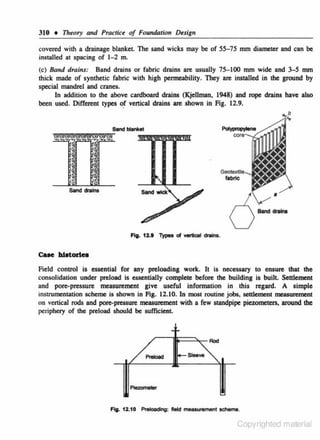 310 • Theory and Practice of Foundation Design
covered with a drainage blanket. The sand wicks may be of 55- 75 mm diameter and can be
installed at spacing of 1- 2 m.
(c) Band drains: Band drains or fabric drains are usually 7S-100 mm wide and 3-5 mm
thick made of synthetic fabric with high permeability. They are installed in the ground by
special mandrel and cranes.
In addition to the above cardboard drains (KjeUman, 1948) and rope drains have also
been used. Different types o.f vertical drains are shown in Fig. 12.9.

fabric

Band dralno

Field control is essential for any preloading work. It is necessary to ensure that the
consolidation under preload is essenliaUy complete before the building is builL Settlement
and pore-pressure measurement give useful information in this regard. A simple
insuumenration scheme is shown in Fig. 12.10. In most routine jobs, settlement measurement
on vertical rods and pore-pressure measurement with a few standpipe piezometers, around the
periphery of the preload should be sufficient.

Fif!J. 12.10 Preloecing: field measurement scheme.

Copyrighted material

 