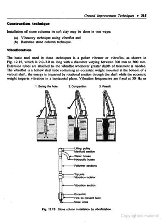 Ground lmpro-.-nt Tecluoiqws • 315
eo...tnactJoG technique
Installation of stone columns in soft clay may be done in two ways:
(a) Vibratory technique using vibroROI and
(b) Rammed stone column technique.

1be basic tool used in these techniques is a poker vibrator or

vibroflo~

as shown in
Fig. 12.15, which is 2.0-3.0 ·m long with a diameter varying between 300 mm to 300 mm.
Extension tubes are attached to the vibrofiOI whenever greater depth of uutment is needed.
1be vibrofiot is a hollow steel tube containing an eccentric weight mounted at me bottom of a
vertical shaft; the energy is imparted by routional mocion through the shaft while the eccentric
wejghl impans vibration in a horizontal plane. Vibration frequencies are fixed at 30 lh or
t. Botlr1g .... -

2. Ccrrc>ac:tlon

3.-

'".l;r;:= Ultillg poJiey
tMooofold Wallt hoMs
H)'draiAic llooea

f---F--.a

Ftg. 12.15 Stone co1urm instalillion by liblolollllon.

Copyrighted material

 
