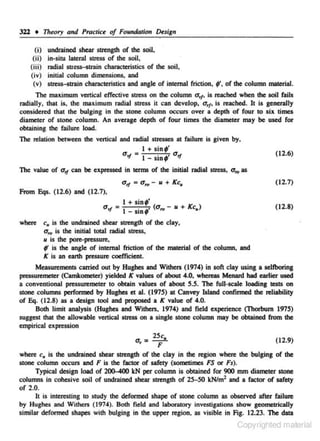 322 • 'n1eory and Practice of Foundation Design
(i) undrained shear strength of the soil,
(ii) in-situ lateral stress of the soil,
(iii) radial stress--strain characteristics of the soil,

(iv) initial column

dimensions~

and

(v) streSs-str.lin characteristics and angle of internal friction, .-. of the column material.

The maximum vertical effective stress; on me column CJ.,/. is reached when the soil fails
radially. that is. the maximum radial stress it can develop. CJ,p is reached. It is generally
considered that the bulging in the stone column occurs over a depth of four to six times
diameter of stone column. An average depth of four times the diameter may be used for
obtaining the failure load.

1be relation between the vertic-al and radial stresses at failure is given by.
1 +sin;'
0

The value of o1

can

of • I

sin''

0

"

be expressed in tenns of the initial radial StreSS,

a,

=

(12.6)

o,. as
(12.7)

aro - u + Kc.

From Eqs. (12.6) and (12.7},

o1 =
where

1 + sinf'

_ .._, (o,.- • + Kc,)
1 - SlR.,.

(12.8)

c, is the undrained shear strength of the clay,

o,.

is the initial total radial stress.

u is the

pore~pressure.

f

is the angle of internal friction of the material of the column, and
K is an earth pressure coefficient.

Measurements carried out by Hughes and Withers (1974) in soft clay using a selfboring
pressuremeter (Camkometer) yielded K values of about 4.0, whereas Menard had earlier used
a conventional pressuremeter to obtain values of about S.S. 1be fuU·scale loading tests on
stone columns performed by Hughes et al. (1975) at Canvey Island confirmed the n:liability
of Eq. (12.8) as a design tool and pmposed a K value of 4.0.
Both limit analysis (Hughes and Withers, 1974) and field experience (Thorburn 191S)
suggest that the allowable vertical stress on a single stone column may be obtained from the

empirical expression
r1., =

2Sc,

F

(12.9)

where c, is the undrained shear stn:ngth of the clay in the region where the bulging of the
stone column occurs and F is the fac1or of safety (sometimes FS or Fs).
Typical design load of 200-400 leN per column is obtained for 900 mm diameter stone
columns in cohesive soil of undrained shear strength of 2S-SO lcN/m2 and a factor of safety
of 2.0.
It is interesting to study the deformed shape of stone column as observed after failure
by Hughes and Wi~rs (1974). Both field and laboratory investigations show geometric4lly
s imilar deformed shapes with bulging in the upper region, as visible in Fig. 12.23. 1be data

Copyrighted material

 