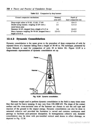 328 • 111rory and Practice of Foundation

D~sign

Table ll.l Compaction by drop h:unmer
O.p1h •I
ID~r conrpoctil)ll

Drop-weigh! rollen of 8 kN, 12 kN, 17 kN

Oouble-actin,g hammer. weighing 22 kN with a
lllOial bollom pial<
Hamroe~> 24 kN, dropped from a heishl of 4-S m
Heavy hammers weiJhin& 50-70 kN. dropped from a

(m)

1.0-I.S
2. 1

1.2.-1.4

1.6

1.6-2.2
2.7- 3.5

2.2- 3.1

helsh• or~ m

12.4.2 Dynamic CouoUdatlon
Dynamic consolidation is the name given to the procedure of deep compaction of soils by
repealed blows of a hammer falling from a height of 3()...4() m. The te<:hnique, pioneered by
Louis Menard, is used for compae1ion of soils 30 m below OL. Figure 12.29 is a
diagrammatic representation. of dynamic consolidation set up.

F1g. 12.2S Dynomlc -

·

Hammer weight used to perform dynamic consolidation in the field is many times more
than that used for heavy tamping. It may vary from 150-2000 kN. The shape of the contact
surface and the cross-sectional area of the hammer are chosen to suit the soil type and
reaction of the ground to the impact energy. Dynamic consolidation can also be done in
saturated cohesive soil provided the fonnation is varved and contains continuous sand
partings to faciliute pore-pressure dissipalioo. In homogeneous cohesive soil. dynamil:
consolidation may be done with pre-lnstaHed vertical sand drains to effect di-ainagc. as
depicted in Fig. 12.30.

Copyrighted material

 