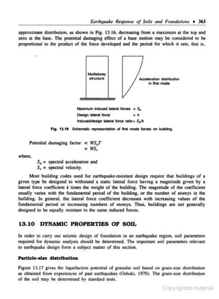 Earthquake Response of Soils and Fouudations + 363
approximate distribution~ as shown in Fig. 13.16. decreasing from a maximum at the top and
zero at the base. The potential damaging effect of a base motion may be considered 10 be
proponional 10 the product of the force developed and the period for which it sets, that is,

Acceleration disb1bu1ton
In ftrtt modi

Maximum induced lallet8l forces c

Ooolgn-lotea
lndllood/dosi~J~Ia-1

s.

ck

tat. ralio• S.Jk

Fig. 1S.16 Sdlemallc -ntolion ol first mode lotces oo building.

ws.

Potential damaging factor oe
T
cc WS,.
where.

s. = spectral acceleration aod
s. = spectral velocity.

Most building codes used for earthquake·resislllnt design require that buildings of a
given type be designed to withstand a Sllltic lateral force having a magnitude given by a
lateral force coefficient k times the weight of the building. The magnitude of the coefficient
usually varies with the fundamental period of the building, or the number of storeys in the
r
building. In general. the lateral force coefficient dec- eases with increasing values of the
fundamental period or increasing numbers of storeys. Thus, buildings are not generally
designed to be equolly resislllnt to the same induced forces.

13. 10 DYNAMIC PROPERTIES OF SOn.
In order to carry out seismic design of foundation in an ~hquake region. soil parameterS
required for dynamic analysis should be determined. The imponant soil parameters relevant
to eanhquakc design fonn a subject matter of this section.
Putl ele-slse cllatributlon

Figure 13.17 gives the liqucfac:tion potential of granuJar soil based on grain ~size distribution
as obtained from experiences of J"'SI earthquakes (Oshal<i. 1970). The grnin·siu distribution
of the soil may be determined by slllndard t.,;ts.

Copyrighted material

 