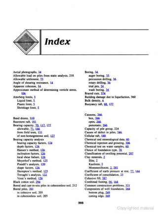 Index

Aerial pbo<ognph" Y
Allowable lood on piles from SUIJc ..Wysis. 218
Allowable seulcmenl.

Boring. Y
auger boring, l l

n

percussion drilling. 36
rowy drilling. lli

Angle of shearing res.istance, tA
Apparml cohesion. I.A.
Approximate method of decerminin& venicle stress.
1.06
Allerberg limits• .S
Liquid limil, S.
Plastlc limiL. S.
Shrink~e limit. 5.
Band drains.

trial pits. l! .
wash boring. H

Broce<! cuu. i l l

Building dan'lq.e due to liquefaction. 360

Bulk d<nsity, '
Buoyancy ran, §J!. 1.21
Caissons, 266.
box. 266
open, 266

ll.Q

Ba.semem 1'1.1. 1&1
Beoring capacity, 1J!. UL 1.21
allowable.

pneumatic. 266.
Capachy of pile group. 224
Causes of defect in piles, 246.

!L 11m

from field tests. lll

of non·homogenoou.s soil. 121

Cellular raft. L8ll
Chemical And mineralogjcal d.ala. 6ll
Chemical injection and grouting, .Yl6

During capacity analysis
bearing capacity factors, W
depth factcn 126
Hansen's method. 1.26
inclination factors, 1.26
local shear failure, 1.26
Mcycrl>ors method. 1.25
Prandtl's analysis. 120
shope facton. 126
SktmplOn' s

Chemical tell on water samples. 6ll
Choice of foundation type. 10.
Class.ificatioa of sweJJing potential. 221.
Clay minerals. 2

Illite, 2
Kaolinite. 2
MornmorHionite. 2.. 22.5.
Coerlicient or earth prtSSu re at rest.
CoerfiCicnt of consolidation. 2S

method, 115

Ten.aghi's :malysis. l22
VC$ic's method. 126
Blad cotton soil, 22:1.
8ortd and cast·in·situ piles in cohesionle$.<> soiL 212
Bored piles. 2Jl1
in cohesive soil. lOS

1L

lM

Cohesive fill, l81
Combined footing. f& l.6!l
Common construction problems. lll
Components or well roundation. 268

bouom pl·ua. 2.62
w uing edge. 262

in cohesionless soil 205
595

Copyrighted material

 