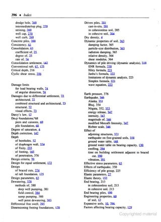 396 + f11de.T
dredge hole. 26!1
intermediate/top plug. 210
steining. 269
well cap, 210.
well curb. 269
Concrete piles. 200
Consistency. 6.1
Consolidation. 63

coefficient of. 2i
degree of, 25
rtue of. U
ConJOii<bliOn settk-ment. lA2
Conventional nlfl. 61. 11S
Critie>J depth. 216
Cyclic shear strtss. ~

Oam~c

limits

for load bearing walls. U
of angulu diSiortion. U

Damages due to diffetential seuJement. 22
:1Jthitecturul. 12.
combined structural and architectural, 23
$11l<turol. 12

visual effects. ll
Darcy's law. 12
Deep foundations:68
piers and caissons. 62
pile fou!Kbtion. 68
Ocgrtt of saturation, .1
Depth com::ction, lJ2
Depth
of boreholes. i2
of d'in..phngm wall. i l l

of fi dty. 2ll
or rootina. w
or penetrnlion. 376
[)esjgn criceria. 10.
Design (or equal settlement, U2
Design
of br>Ced cuts- 374
of. r:a1 foundation. US
Desigo parameten. 6J
Dewatering. 318.
methods of. 380
deep olltll pumpina;. 38 1
rickl oon110l, lM
sump pumping. 3SO
well point dewatering. 3.&l
Difflnntial free swell. l l i
Dimensioning foocina found3tion$.. 1.10.

Driven piles. 20.1
cast•in-situ. 2ill
in cohesionles.s .soiJ, 205
in cohesive soil. ~
Dry density. 4
Dynamic pro~rtirs of soil. 3§3
damping factor. 365

partkJe-sizc distribution. 3.63.
radi31ion dampin&. 365
rdative clt'nsity, 364
sbe.ar modulus. 364
DynAmics of pile driving (dynamic analysis). 2.1.2
ENR fonnula. 220
Hiley fonnula. lli

Janbu's formula. 222
limit:~lioos or dynamic analysis. 223
Simplex fonnula. 22.1

wave equation. m

E.nh pressure, 376
E.anhqum . l!l6
A lll>ka. lS.J
Bhuj, 354

ill
cntJ'ID' releaoe. l!l'l.
intensity, ::M1
m~ni tude or. ~
Niisata. 352.

modified Merc:alli Intensity. i l l
Rkbter scale, Y6
Effect of

adjoining SUUC:lwt:S, 31.1
eanhquake on fine~graincd soil.s, i l l
ground water table, l68.
ground water table oo bearing capacity.

~

swelling, ~

Cime on building settlement adjacent 10 braced
cut, J2D
vibrntion, l2.l
Effective stress parameters, 6l
Effects of eanhquake. 350
Efficiency or piJe group. 22!i
Elastic parameters. 21
Elastic th~ry. 152.
End bearing. 213
in cobesionless soli, 213
in cohesi'e soil. 213

End bearing piles. ~
Engineering propcrtie$. 60
o( soil. 12

Expansive soils. Ul. 226.
Factors affeeting bearing capacity, 122

Copyrighted material

 