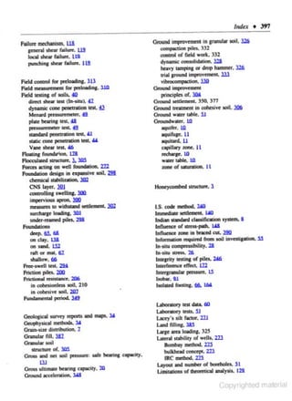 111dcx •
Fallu~< mechanism,

U!

GrouNI improvement In cranulat soU, J26

w

__....piles. 332
coocro1 or fidd WO<t. 332
dynamic coruoi•dallon. m

ccncnJ .,....., failure.
1oco1 • • r..~m<. ta
punchin& • • foil=. 111
F"~<ld

conuol for pn:loadin&. lll

f ' o d c l - - fa< prcloodooc. ll.Q
lidd I<Siin& or IOils. 40
dim:t she• ,... (ln·litu). tl
dynamic cone penetJ ation ltst. !3:
Menard pressuremeu:r, 49.
plate burin& OtSI. !18
~- 4!
SIIDdardpct..badooOtSI. 41

-

obi"' in expons~~ 1011.
d1<mleal
CNS layer. Jll.l
c:ootrollinl swellina. 300.

,...,m-. m

m

aurdlata< loodinr,. 3W

under-reamed piles. 2!1.8
Foundations
deep. 6l. 6&

..,ca.y. U&

,.n or mil. 61

shallow, 66
Frtt-sweU teSt. ~

Friction pila. 200
F'iidiooal fHtPMW"e. 206
in cch<sionleu soil. 210
in cohesive soil, 2D1
Fuodamcntal period. l:i2

GcoloP<aiiWV<l' tepOIU .... . . _ y
Oc<>phys>Cil - - y
Orain-siz.c d1mlbution. 1

Onmular nn. l81
Granular soil

Honeycombed suvcture, 1

LS. code 2Ml
lrnmcdi... ldll<JO<tO. w

lndlan Randud ctwlncmion syau:m. 8
lnllucn« of ....,.poll>. u.&

lnlluentt zoot in bnccd cuL liD:

I......,...,W.~ IS

l -. t l
Jtolll<d roo11nr.. ~ ~IoA
Llbonta<y 1<$1 ....... 60
Labanlo<y ...... 11
Locey' s silt ,....,, 2l1
l..lnd fil1ing. l&S

Lara• area loadina. 325

Lateral liability ot wells. m
llombaymcobod. llS

or. m

Gtoos ...S net sod ........,.., sofc beain& ~'Y·
llJ
Gross ultimate bearina capudty, 10
aceckr~cion.

..... o r - tt

Wa<madoo roquiml f,_ soil invad&- ll
ln-11tu compusibi.bty. 2S
1n-·siru stress. l6
lnteariCY ICSiin& of piJel. ~
lncerference dfm.. Ll2

... ....s. ll2

(iround

Ground treatment in cohtsive soil. ~
Ground waaer table, 1.1
0<-oolndw-. lll

Wlltf table. lQ

~--- lim
_....oowidulaodxa- m

SlrU<IIIrt

priftcipks or. Jill

Oround ldllcm<nl. 350, 377

aquifuJ<. II
aquitanl. lJ
capillary zone. ll
r<eharac. lll

l. JIIS

Foras Odin& .. well foundadoo. m

heavy tampina or drop hammer. 126
triiLIJround improvement. Jll
vibrocompaction. l30
Ground impvvc:mmt

aquif<f. IJl

Sialic cone pcnetr.rion tdt. U.
V aoe lhear test. ~
Flooting r da·ion. 11&
...
- - IWCOII<.

Jn

lil8

bulthcad_.,..m

IRCmcobod. llS
Layout and nwnbcr or bord>olcs. 51
Llmitatlons or lheorttJcal analysis. 129.

 