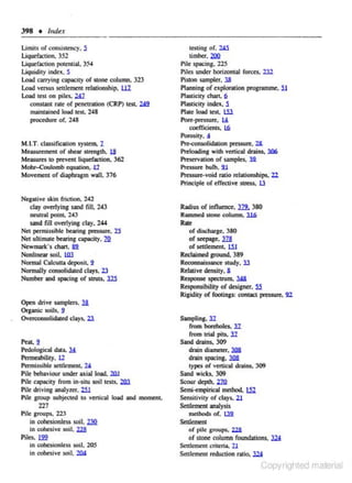 398 • Index
Limits of consistency. 5

Uqu<Foctioa. 352
Uquefaction potential, 3!"4
Uquidity indt:x. S
load carrying capacity of stone column. 323
Load venus settlement n:l:JC
ionship, U1
Load te:s:l on piles. lli
constant r..1e of penetrntion (CR.P) test, lli

testing of. l l i
timber. 200

Pile sp::acing. 225
Piles unde- horizontal forces.. 2l2
r

Pistoa sampler. l8
Planning or exploration programme. S.l
Plasticity chart. 6

mainWned lo:ld test. 248

Plnsaicity index, S
Plme load test, W

procedure of. 248

Port·pre$SUte,

M.l."f. classification system.

1

Measurement of shea: strength. 1.8
Measures to prevent lique(ac:tion. 362
Mohr-<outomb eq~ion, ,J1
Movement of diaphrngm wall. 376

Negative skin friction. 242
day overlying sand fill, 243
neutral point. 243

sand fill ovtrlying clay, 244
Net pennissible bewing pm.s:ure, 1S
Net ultimate bearing capacity. ZQ
Newm:utc' s chan. &2.
Nonlinear soil, l1ll
Normal Calo.atta deposit. 2
Normally coasoU
dale<l clays. 23
Number :md spacing of suuts.. ill

Open drive samplers.. l8.
Organic soils, 9
Overconsolid:ued clays, 21

J.4

codfidents. L6
Porosity, 4
Pre-consolidation pressure. 2&
Prtkwl.ing with vertical drains.. l06
Preservation or samples. 32.
Pressure bulb. 2.1
Pressurt-void r:uio relationships.. 22
Principle or effective stress, 13

Radius of influence. lll. 380
Rammed stone column, lUi

Rale
of discharge, 380
or,..poge, ill
of settlement, W.
Reclaimed ground. 389
Reconnaissance study. l3
Relati'C density. 8
Response $pe<OUlll, Y8
Responsibility or designer. ~
Rigidity of footings: contaCt pressure. 92.

Sampling. l2
from boreholes. ll
from trial piu, 31

Peat. 2
PC'dologjeal data. l:i
Ptnneability. 12
Pennissible seulement. :U
Pile behaviour under uial load. 20J
Pile cap:acity from in~situ soil tests. 2!ll
Pile driving analyzer. 2il
Pile group subjec...'tcd to vertical Jood and mome-nt.
227
Pile groups, 223
in cohesionless soil, 1lQ
in cohesi ve soli, m
Piles, ~
in cohesionless soil, 205
in cohesive soil, 2n!

Sand drains. 30?
drain diamcter, Jmi

drain spacing. ln8.
cypes of vertical drains, 309
Sand wiclts, 309
Scour deplh. 21ll
Scmi-<mpiri<al mdhod, ~
Sensitivity of clays, 2.1

Setdement analysis
methods of, Ll2.
SctOement
of pile groups. 22B.

of stone column foundations. ill
Sentemtnt criteri:a. 11
Settlement reduction r3tio. ill

Copyrighted material

 