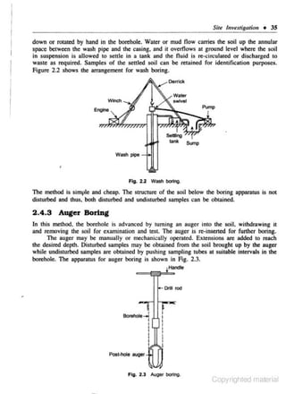 Sitt' Juvestigtaion • 35

down or romted by hJind in the borehole. Water or mud now carries the soil up the onnular
space between the wosh pipe ond the cosing. ond it overflows ot ground level where the soil
in suspension is allowed to settle in a tank and the fluid is re·circulated or discharged to
waste as required. Samples of the settled soil can be retained for identification purpOses.
Figure 2.2 shows the arrangement for wash boring.

Waktr
Winch._

awiveJ

Pump

Engine

Sump
Wash pipe

'
Flg. 2.2 Wash boring,

The method is simple and cheap. The structure of the soil below the boring apparatus is not
disturbed and thus, both disturbed and undisrurt>ed samples can be obtained.

2.4.3 Auger Boring
In this method. the borehole is advanced by turning a.n auger into the soil, withdrawing it
and removing the soil for examination and tes1. The auger is re· inserted for further boring.
The auger may be manually or mec.hanically operated. Extensions are added to reach
the desired depth. Disrurt>ed samples may be obtained from the soil brought up by the auger
while undisturbed samples nrc obtained by pushing sampling tubes at suimble intervals in the
borehole. The apparatus for auger boring is shown in Fig. 2.3.
~Handle

1- Dril

-

-~

....
I

I
I
I

I
I
Post.flole auger-

'

rod

t

I
I
I
I

''
:
•
I

Fig. 2.3 Auger bof'lng,

Copyrighted material

 