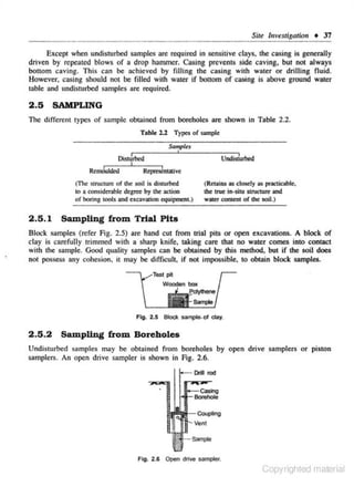 Sit~ l11~srigation

+ 37

Exccpr when undisrurbed samples ore required in ~nsitive clays. !he casing is genernlly
driven by repeUicd blows of a drop hammer. Casing prevcnrs side caving, bur nor always
bottom caving. This can be achieved by filling the casing with water or driiJjng fluid.

However. casing should nor be filled wirh warer if bonom of casing is above ground warer
table and undisturbed samples are required.

2.5

SAMPLING

The different types of sample obtained from boreholes are shown in Table 2.2.
Table l..l Types of sample
SampJ~s

Undisrurbed

OiSIWI>cd
I

RtmdUidcd

R~ve

(The structure of the soil is disturbed

to a consjderable degrte by che action
of boring toots and ucavation equipment.)

2 .5.1

(Retains as closely as practicable.
lhe true in-shu structure and
water cornen1 of the soiJ.)

SampUng from Trial Pits

Block samples (refer Fig. 2.5) are hand cur from trial piiS or open cxcavarions. A block of
clay is c--arefully trimmed with a sharp knife. taking care that no water comes into contact

wilh rhe sample. Good quolity samples can be obtained by this merhod. but if the soil does
nor possess ony cohesion. ir may be dirticuh, if 001 impossible. 10 obi:Un block samples.

Fig. 2.5

2.5.2

Bloc:k sanplc.-of clay,

SampUng from Boreholes

Undisturbed samples may be obtained from boreholes by open drive samplers or piston
samplers. An open drive sampler is shown in Fig. 2.6.
Drift

rod

Fig. 2.6 Open drive sampler.

Copyrighted material

 