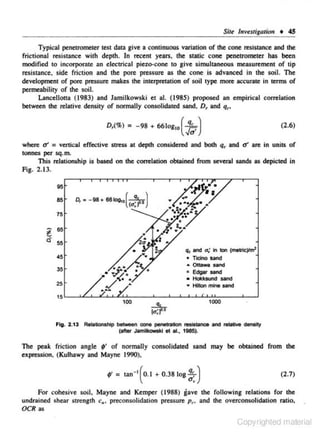 Site Investigation • 45

Typical penetrometer test data give a continuous variation of the cone resistance and the
frictional resistance with depth. In recent years. the static cone penetrometer has been
modified to incorporate an electrical piezo-cone to give simultaneous measurement of tip
resistance. side friction and the pore pressure as the cone is advanced in lhe soiL The
development of pore pressure makes the interpretation of soil type more accurate in terms of
permeability of che soil.
Lancellotta (1983) and Jamilkowski et al. ( 1985) proposed an empirical correlation
belween the relative dens-ity of nonnally consolidated sand. D, and q,..
D..(%)

= - 98 + 66 1og10

(}?)

(2.6)

where a' := verticaJ effective stress at depth considered and both qt' and a' are in units of
tonnes per sq. m.
This relationship is based on che oorrelation obtained from several sands as depicted in
Fig. 2.13.
95
85

D, = -98+

IW!tog,o((q~~·)

75

a; In ten (meltlcYm'
• Ticino aand
• 0t1awa sancs

q, and
45

• Edgar sand
• Hol<l<Mindsand

• Hilton mine Sind

Flo. 2..13

Relationship bet-Neen c:one penetration resistance and relattve density
(alief Jamiii<OWSIII ot al., 1985).

The peak friction angle •• of normally consolidated sand may be obtained from the
expression. (Kulhawy and Mayne 1990),

;- = tan-•(o.l ...

o.381og~)

(2.7)

For cohesive soil, Mayne and Kemper (1988) gave the following relations for the
undrained shear strength c,., preconsolidatjon pressure Pr• o.nd the overconsolidation ratio.
OCR as

Copyrighled material

 