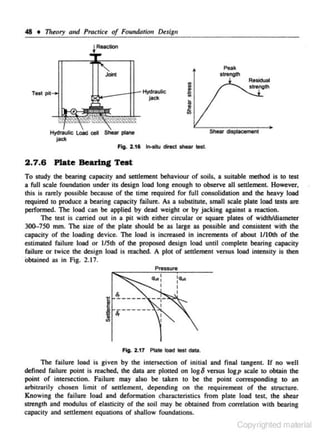 Tlt~ory

48 •

and Practice of FoUirdation Design

Peak

strength

-~~~
strength

J...----tr Hydraulic
jadt

Test

1

1'S

Shear displacement

jack
Ftg. 2.1&

lr»>tu dWed. shear tHl

2. 7 .6 Plate Bearing Test
To study the bearing capacity and settlement behaviour of soils, a suitable method is to test
a full scale foundation under its design load long enough to observe all set~ement. However,
this is rarely possible because of the time required for full consolidation and the heavy load
required to produce a bearing capacity failure. As a substitute, small scale plate load tests are
performed. The load can be applic;d by dead weight or by jacking against a reaction.
The test is caJTied out in a pit with either circular or square plateS of width/diameter
300-750 mm. The size of the plate should be as large as possible and consistent with the
capacity of the loading device. The load is increased in increments of about !/lOth of the
estimated failure load or 1/Sth of the proposed design load until complete bearing capacity
failure or twice the design load is reached. A plot of settlement versus load intensity is then
Obtained as in Fig. 2.17.
Pressure

1M:
I

I ~------

:CN!t
I
I

Fig. 2.17 Plale toad test data.

The failure load is given by the intersection of initial and final tangent. If no well
defined failure point is reached, the data are plotted on logo versus logp scale to obtain the
point of intersection. failure may also be taken to be the point corresponding to an
arbitm.rily chosen limit of settlement., depending on the requirement of the suucrure.
Knowing the failure load and deformation char.acteristics from plate load te,st. the shear
strength and modulus of elasticity of the soil may be obtained from corTelation with be:lring
capacity and settlement equations of shallow foundations.

Copyrighted material

 