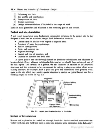 56 •

Tlr~ory

and Practlce of Foundar;on Design

(i) Laboratory test data
(j) Soil profile and stratification
(k) Interpretation of data
(I) Design parameters
(m) Design recommendations, if included in the scope of work

Some of these parameters are discussed· in the remaining part of this sectlon.

Project ud alte de.crlptlon
A soil report should give some background information pertaining to the project site for the
designer to work out an economic design. Such information relates 10
• General level of the site with respect 10 adj acent area
• Problems of water logging/drainage
• Surface cohfigwation
• Pond, rock outcrop etc.
• Adjacent buildings
• Layout and type of suucture, and
• Location of borehole and fie ld tests
A layout plan of the site showing location of proposed constructions, old structures to
be demolished. if any. adjacent buildings/facilities and so on. should form an integral part of
the soil report. This reveals. at a glance, the test loc.a dons in relation to the proposed
structures and the problems to be encountered in making a deep excavation, close to an
exis ting structure. for example. Such a plan also gives the information about possible weak
spots in the site which may require special attention in design. A typical layout plan for a
building project is shown in Fig. 3.2.

~

Existing buitding

(&-storey)

.' •''.
•,.. ..
,

·-·
~

Routine soil exploration is carried out through boreholes. in·situ standard penetration· test
within boreholes. and field te-s ts such as static and dynamic cone penetration tests. Laborataty

Copyrighted material

 