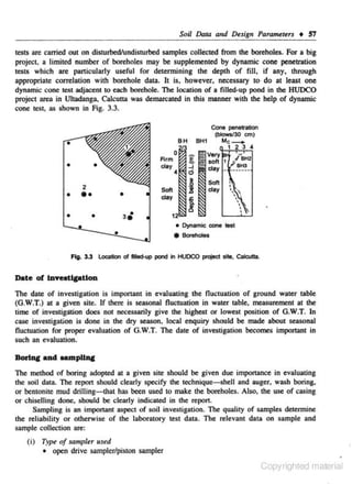 Soil Data and

D~slgn

Parameters • 57

tests are carried out on disturbedlundistUibcd samples collected from the boreholes. For a big
project. a limited number of boreholes may be supplemented by dynamic cone penetration
tests which arc particularly useful for determining the depth of fill, if any, through
appropriate correlation with borehole data. It is, however. necessary to· do at least one
dynamic cone test adjacent to each borehole. The Jocation of a filled-up pond in the HUDCO
project area in Ultadmlga, Calcutta was de=ated in this manner with the help of dynamic
cone test, as shown in Fig. 3.3.
Cone pene. .tion
(bl0wS/30 em)

BH
Arm
cloy

•
2

•

••

•

•

•

Soft

day

3•

"•-2 3 •
1

BH1

s
~
I
1

Very

soft 1 //'8112
i" 8113

day

. -····-

Soft
ela)'

• Oynamk:: cone test

• Boreholeo
Flg. 3.3 Location of lllled·up pond In HUOCO project aile, Calcutta.

Date or lnvestlgatlon
The date of investigation is imponant in evaluating the fluctuation of ground water table
(O.W.T.) at a glven site. If there is seasonaJ fluctuation in water table. measurement at the
time of investigation does not necessarily give the highest or lowest position of G.W.T. In
ease investigation is done in the dry season. local enquiry should be made about seasonal
fluctuation for proper evaluation of O.W.T. The date of investigation becomes imponant in
such an evaluation.

The method of boring adopted at a given site should be given due imponance in evaluating
the soil data. The report should clearly specify the technique-shell and auger, wash boring.
or bentonite mud drilling~hat has been used to make the boreholes. Also. the usc of casing
or chiselling done, should be clearly indicated in the report.
Sampling is an important aspect or soil investigation. The quality of samples detennine
the reliability or otherwise of the laboratory test data. The relevant data on sample and
sample collection are:

(i) TyJH of sampler 11sed
• open drive sampler/piston sampler

Copyrighted material

 