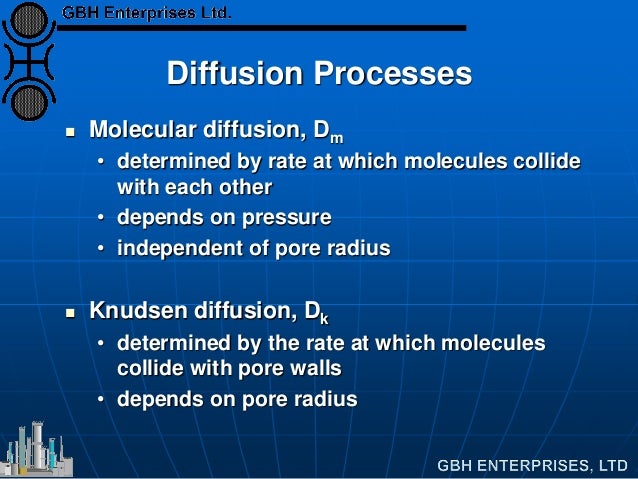 Diffusion Processes
 Molecular diffusion, Dm
• determined by rate at which molecules collide
with each other
• depends on...