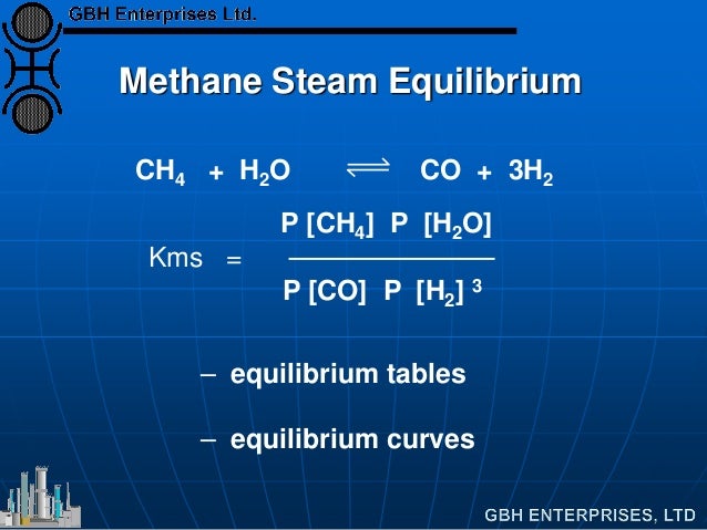 Methane Steam Equilibrium
CH4 + H2O CO + 3H2
P [CH4] P [H2O]
Kms =
P [CO] P [H2] 3
– equilibrium tables
– equilibrium curv...