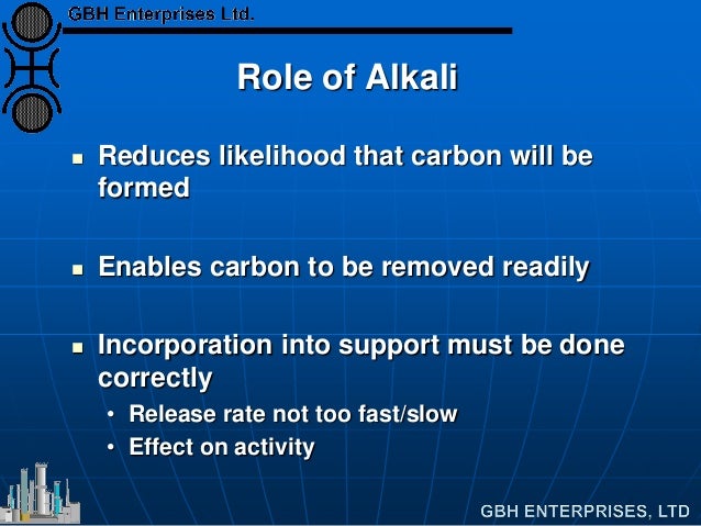 Role of Alkali
 Reduces likelihood that carbon will be
formed
 Enables carbon to be removed readily
 Incorporation into...