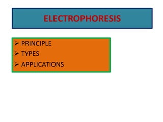 ELECTROPHORESIS
 PRINCIPLE
 TYPES
 APPLICATIONS
 