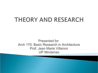 Presented for
Arch 175: Basic Research in Architecture
       Prof. Jean Marie Villamor
             UP Mindanao
 