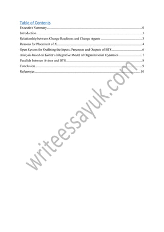 Table of Contents
Executive Summary...................................................................................................................0
Introduction................................................................................................................................3
Relationship between Change Readiness and Change Agents ..................................................3
Reasons for Placement of X.......................................................................................................4
Open System for Outlining the Inputs, Processes and Outputs of BTS.....................................6
Analysis based on Kotter’s Integrative Model of Organizational Dynamics ............................7
Parallels between Avinor and BTS............................................................................................8
Conclusion .................................................................................................................................9
References................................................................................................................................10
 