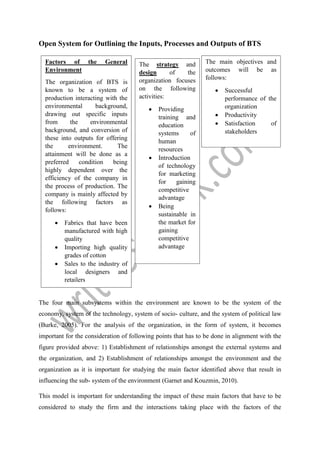 Open System for Outlining the Inputs, Processes and Outputs of BTS
The four main subsystems within the environment are known to be the system of the
economy, system of the technology, system of socio- culture, and the system of political law
(Burke, 2005). For the analysis of the organization, in the form of system, it becomes
important for the consideration of following points that has to be done in alignment with the
figure provided above: 1) Establishment of relationships amongst the external systems and
the organization, and 2) Establishment of relationships amongst the environment and the
organization as it is important for studying the main factor identified above that result in
influencing the sub- system of the environment (Garnet and Kouzmin, 2010).
This model is important for understanding the impact of these main factors that have to be
considered to study the firm and the interactions taking place with the factors of the
Factors of the General
Environment
The organization of BTS is
known to be a system of
production interacting with the
environmental background,
drawing out specific inputs
from the environmental
background, and conversion of
these into outputs for offering
the environment. The
attainment will be done as a
preferred condition being
highly dependent over the
efficiency of the company in
the process of production. The
company is mainly affected by
the following factors as
follows:
 Fabrics that have been
manufactured with high
quality
 Importing high quality
grades of cotton
 Sales to the industry of
local designers and
retailers
The strategy and
design of the
organization focuses
on the following
activities:
 Providing
training and
education
systems of
human
resources
 Introduction
of technology
for marketing
for gaining
competitive
advantage
 Being
sustainable in
the market for
gaining
competitive
advantage
The main objectives and
outcomes will be as
follows:
 Successful
performance of the
organization
 Productivity
 Satisfaction of
stakeholders
 