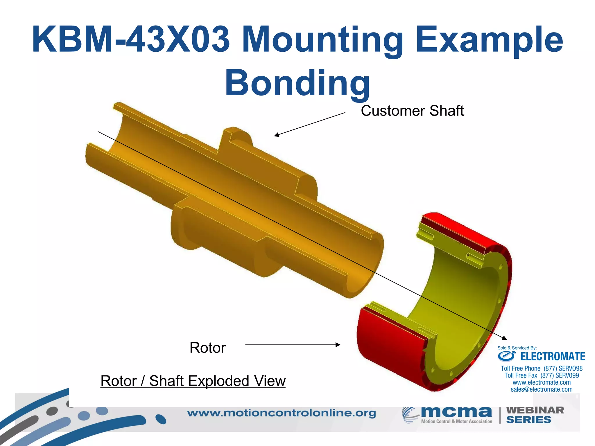 34
Customer Shaft
Rotor
Rotor / Shaft Exploded View
KBM-43X03 Mounting Example
Bonding
ELECTROMATE
Toll Free Phone (877) SERVO98
Toll Free Fax (877) SERV099
www.electromate.com
sales@electromate.com
Sold & Serviced By:
 